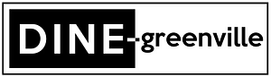 GVL A black rectangle with the text DINE-greenville inside. The word DINE is in bold white uppercase on a black background, and -greenville is in lowercase black on a white background.